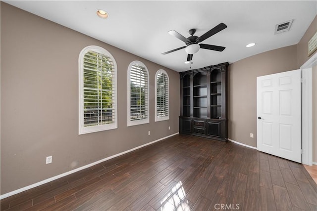 4451 Birdie Dr, Corona, CA 92883 - unfurnished living room featuring ceiling fan, wood finished floors, recessed lighting, and built in features