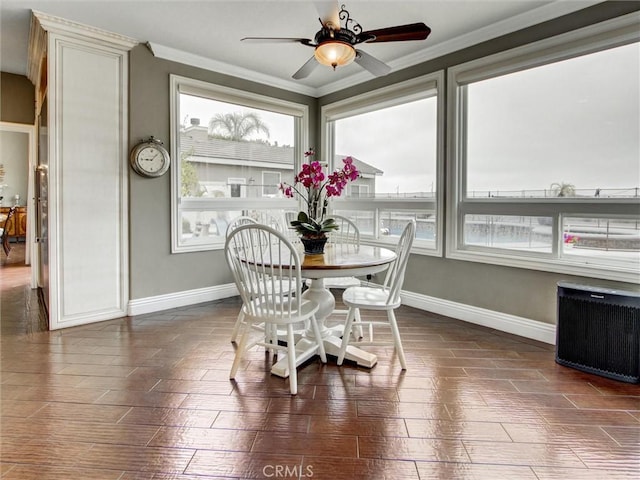 27020 Daisy Cir, Yorba Linda, CA 92887 - dining room with plenty of natural light, radiator, crown molding, a ceiling fan, and wood finished floors