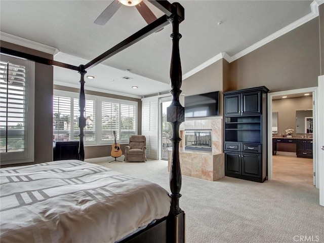 27020 Daisy Cir, Yorba Linda, CA 92887 - bedroom featuring crown molding, light carpet, recessed lighting, vaulted ceiling, and a ceiling fan