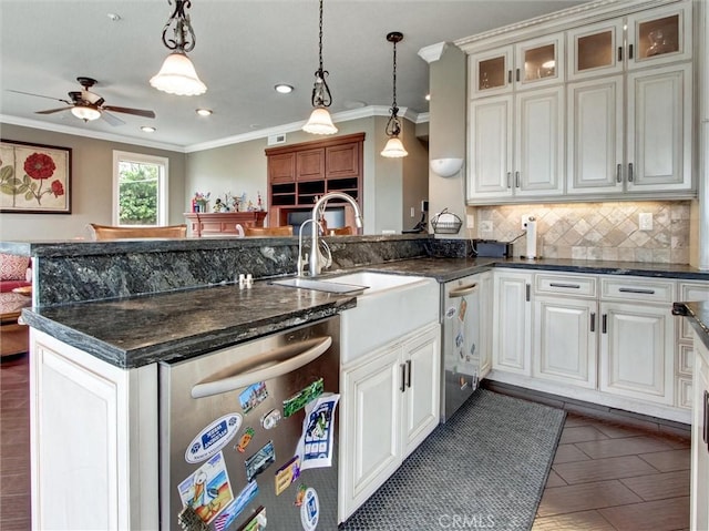 27020 Daisy Cir, Yorba Linda, CA 92887 - kitchen with dishwasher, crown molding, a ceiling fan, a peninsula, and recessed lighting