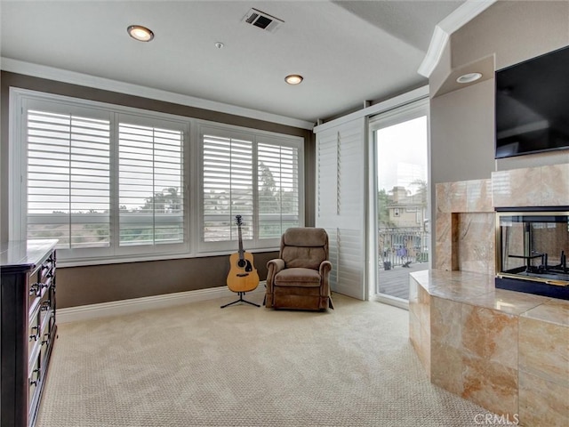 27020 Daisy Cir, Yorba Linda, CA 92887 - living area featuring ornamental molding, carpet, recessed lighting, and a high end fireplace