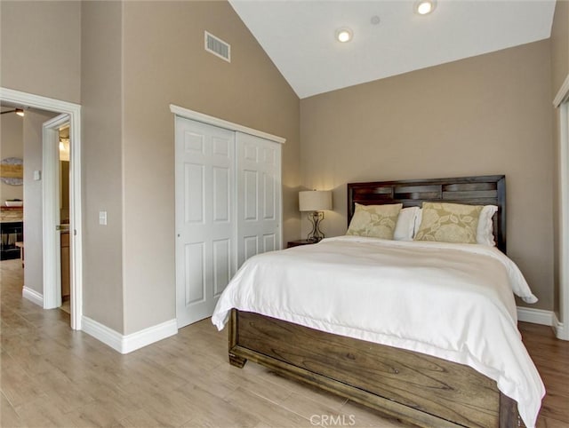 27020 Daisy Cir, Yorba Linda, CA 92887 - bedroom with high vaulted ceiling, a closet, wood finished floors, and recessed lighting