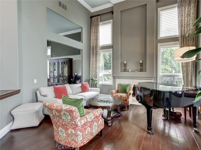 27020 Daisy Cir, Yorba Linda, CA 92887 - sitting room featuring a towering ceiling, wood finished floors, and crown molding