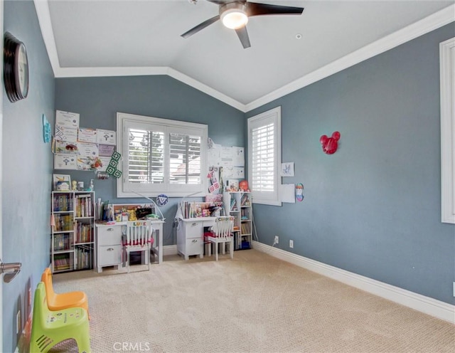 27020 Daisy Cir, Yorba Linda, CA 92887 - playroom with a ceiling fan, carpet floors, ornamental molding, and lofted ceiling