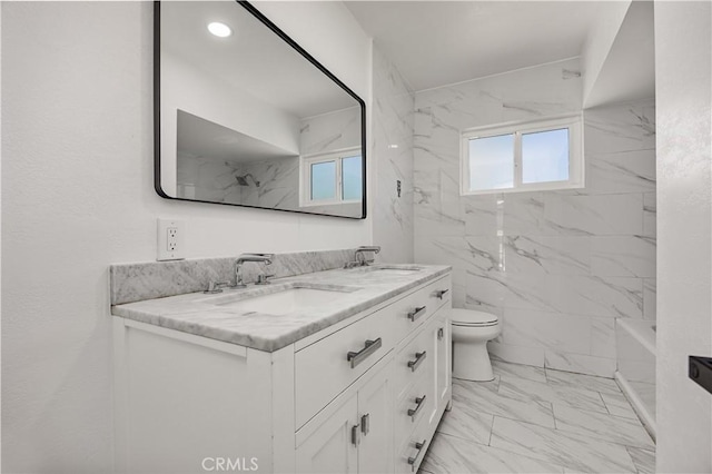3009 Delburn St, Bakersfield, CA 93304 - full bathroom featuring marble look tile flooring, double vanity, and a combined bath / shower with marble appearance