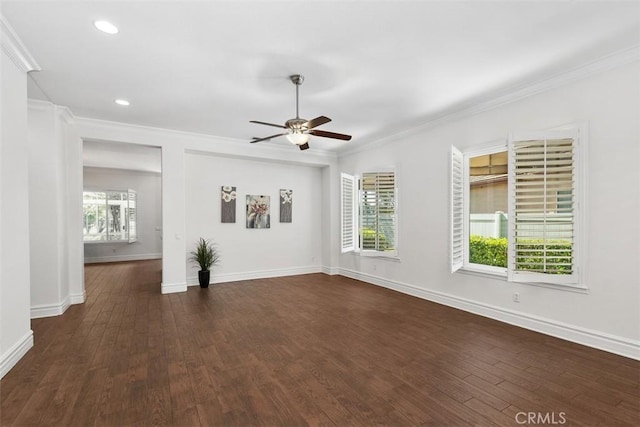 29530 Winding Brook Dr, Menifee, CA 92584 - unfurnished living room featuring a ceiling fan, dark wood-style floors, crown molding, and recessed lighting