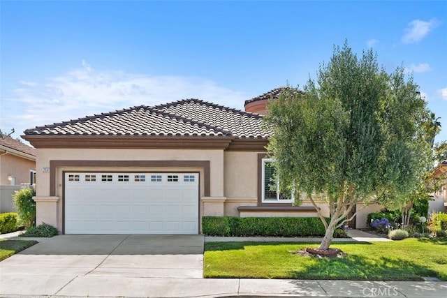 29530 Winding Brook Dr, Menifee, CA 92584 - view of front of house featuring an attached garage, concrete driveway, stucco siding, a front yard, and a tiled roof