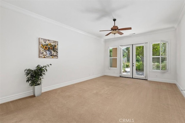 29530 Winding Brook Dr, Menifee, CA 92584 - spare room featuring ornamental molding, light colored carpet, and a ceiling fan