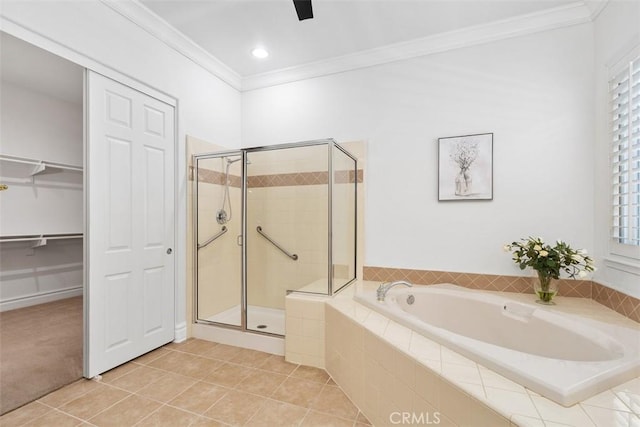 29530 Winding Brook Dr, Menifee, CA 92584 - bathroom with a garden tub, a shower stall, ornamental molding, tile patterned floors, and a spacious closet
