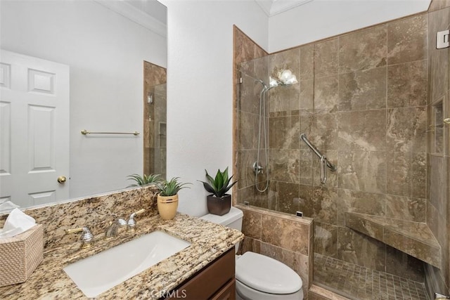 29530 Winding Brook Dr, Menifee, CA 92584 - bathroom featuring vanity, tiled shower, and crown molding