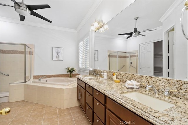 29530 Winding Brook Dr, Menifee, CA 92584 - full bath featuring a ceiling fan, a shower stall, double vanity, a garden tub, and tile patterned floors