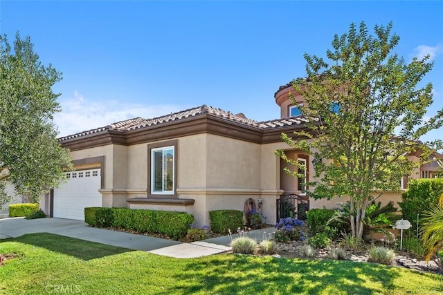 29530 Winding Brook Dr, Menifee, CA 92584 - view of front of house featuring an attached garage, a front lawn, a tiled roof, and concrete driveway