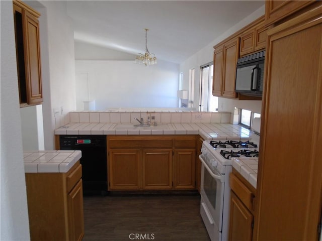 3407 Amber St, Rosamond, CA 93560 - kitchen with black appliances, vaulted ceiling, a chandelier, tile countertops, and dark wood-style floors