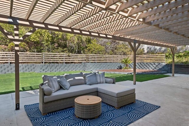 10594 Rookwood Dr, San Diego, CA 92131 - fenced backyard with an outdoor hangout area, a patio, and a pergola