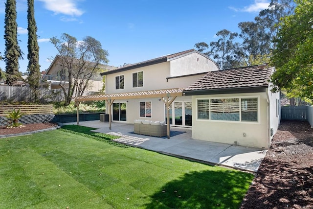 10594 Rookwood Dr, San Diego, CA 92131 - back of house featuring a pergola, stucco siding, a patio, and a tile roof