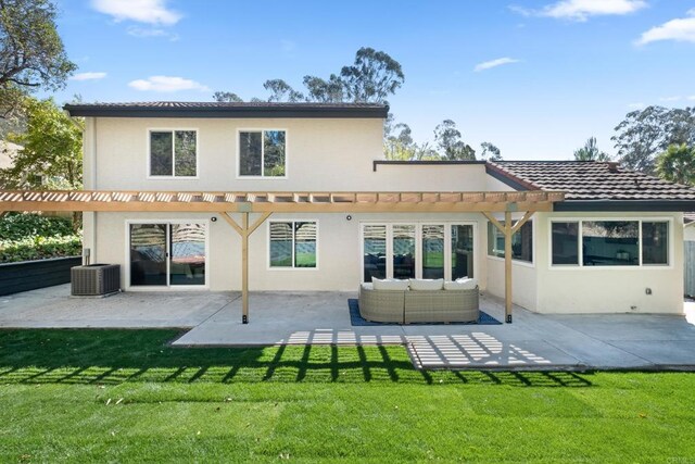 10594 Rookwood Dr, San Diego, CA 92131 - back of property with a pergola, stucco siding, a lawn, a patio area, and a tiled roof