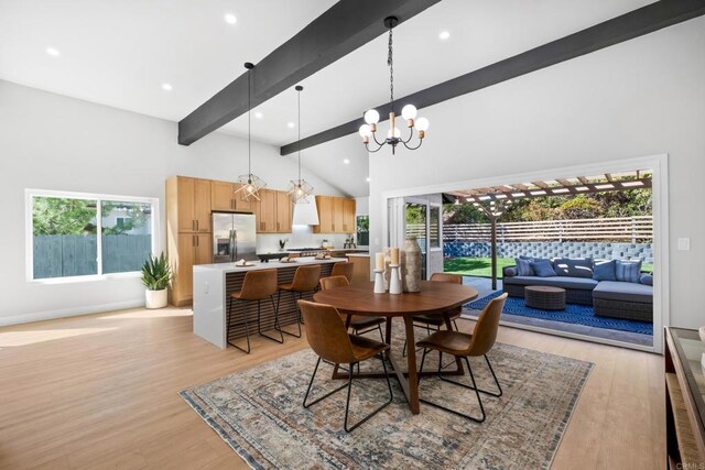 10594 Rookwood Dr, San Diego, CA 92131 - dining space with beam ceiling, high vaulted ceiling, light wood-style flooring, a chandelier, and recessed lighting