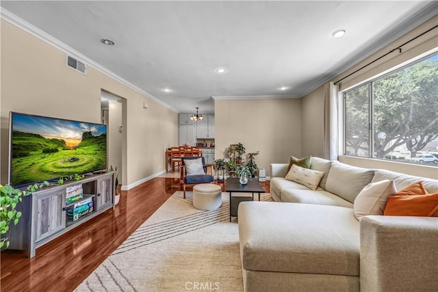 1821 Pepper St Unit 3, Alhambra, CA 91801 - living area featuring wood finished floors, a chandelier, ornamental molding, and recessed lighting