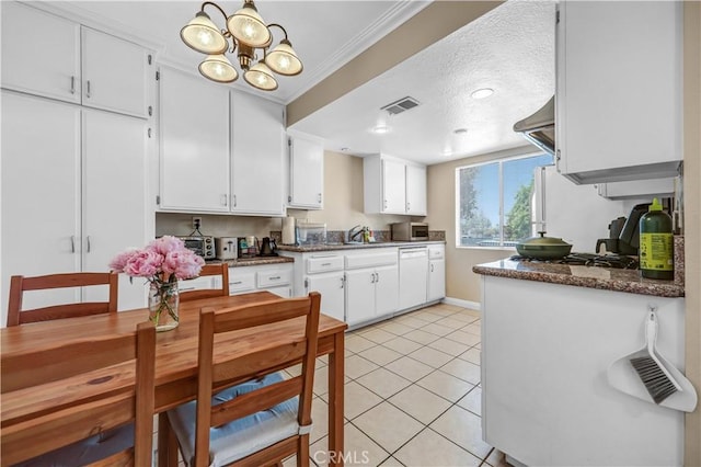 1821 Pepper St Unit 3, Alhambra, CA 91801 - kitchen with white appliances, white cabinetry, a chandelier, dark countertops, and light tile patterned floors
