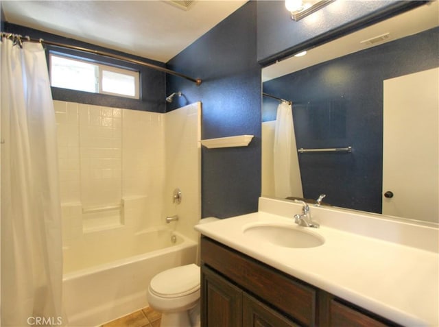 11961 Limestone Ct, Yucaipa, CA 92399 - bathroom featuring shower / bathtub combination with curtain, vanity, and tile patterned flooring