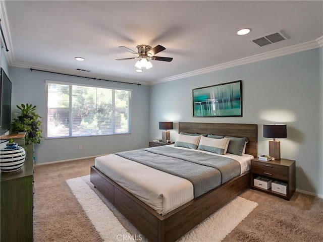 11961 Limestone Ct, Yucaipa, CA 92399 - bedroom with light colored carpet, ornamental molding, ceiling fan, and recessed lighting