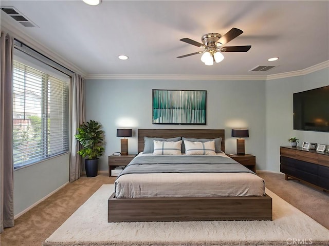 11961 Limestone Ct, Yucaipa, CA 92399 - bedroom with light colored carpet, recessed lighting, crown molding, and a ceiling fan