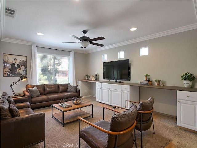 11961 Limestone Ct, Yucaipa, CA 92399 - living area with ornamental molding, a ceiling fan, and recessed lighting