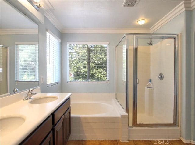 11961 Limestone Ct, Yucaipa, CA 92399 - full bathroom with a stall shower, a garden tub, double vanity, and crown molding