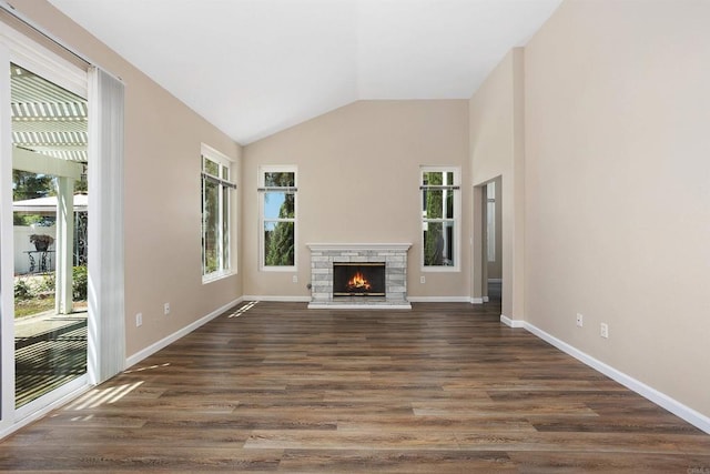 943 Masters Dr, Oceanside, CA 92057 - unfurnished living room with lofted ceiling, dark wood finished floors, and a fireplace