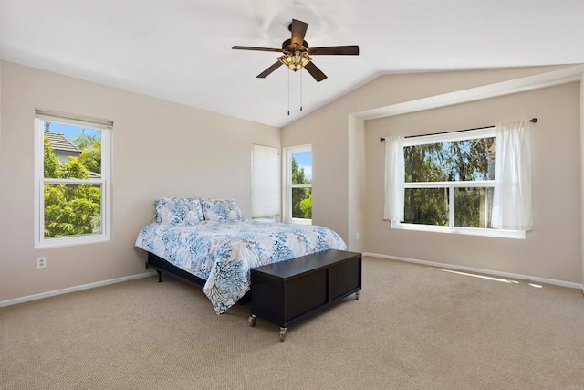 943 Masters Dr, Oceanside, CA 92057 - carpeted bedroom featuring multiple windows, lofted ceiling, and ceiling fan