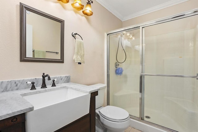 943 Masters Dr, Oceanside, CA 92057 - bathroom featuring vanity, crown molding, and a stall shower