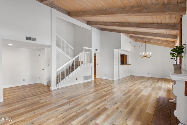 2524 Monaco Dr, Oxnard, CA 93035 - unfurnished living room featuring high vaulted ceiling, a wooden ceiling with exposed beams, a chandelier, light wood finished floors, and stairway