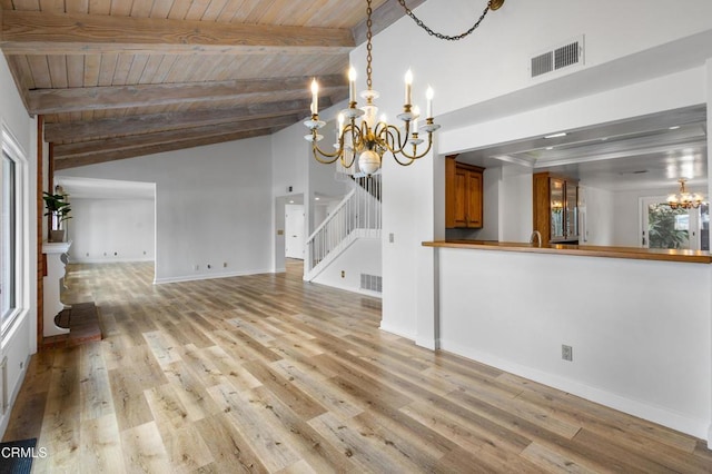 2524 Monaco Dr, Oxnard, CA 93035 - unfurnished living room with a chandelier, wooden ceiling, light wood-style flooring, and stairway