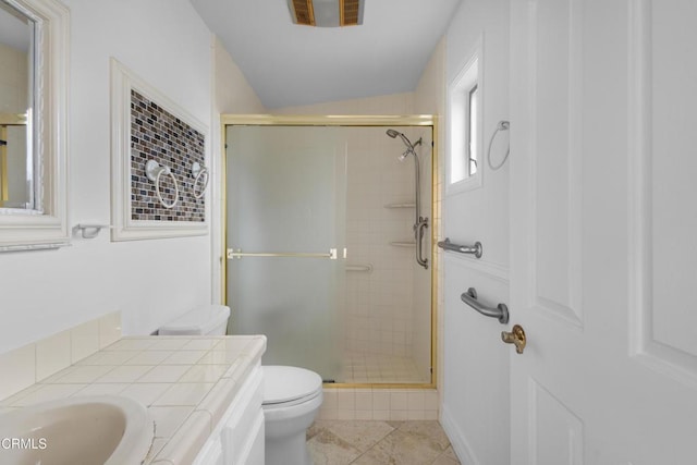 2524 Monaco Dr, Oxnard, CA 93035 - full bath featuring vanity, a stall shower, vaulted ceiling, and tile patterned flooring