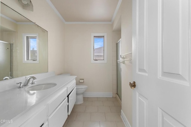 2524 Monaco Dr, Oxnard, CA 93035 - bathroom featuring vanity, a stall shower, tile patterned flooring, and crown molding