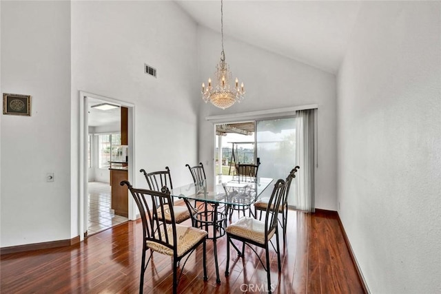 6322 E E W View Dr, Orange, CA 92869 - dining room with a chandelier, wood finished floors, and high vaulted ceiling