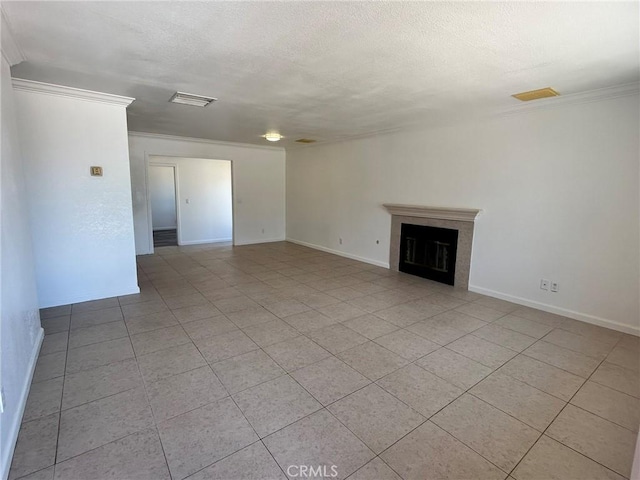 6162 Chia Ave Unit 29, Palms, CA 92277 - unfurnished living room with crown molding, light tile patterned floors, a fireplace, and a textured ceiling