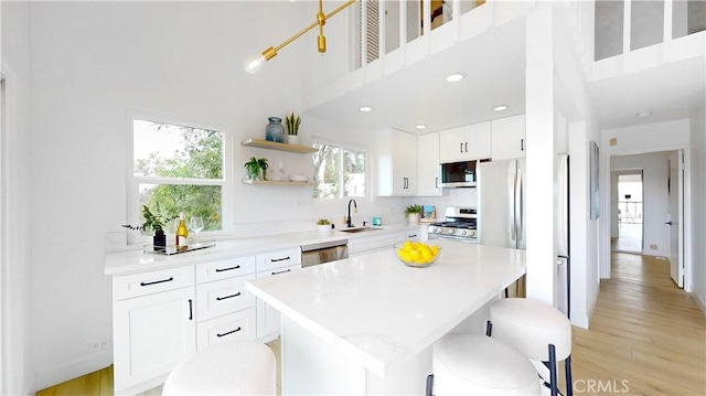 496 Crane Blvd, Los Angeles, CA 90065 - kitchen featuring appliances with stainless steel finishes, a towering ceiling, light countertops, open shelves, and white cabinetry