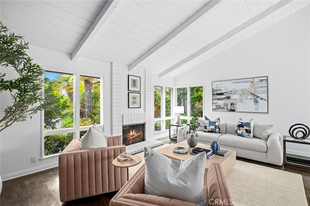 1606 Reef View Cir, Corona Del Mar, CA 92625 - living room with a brick fireplace, healthy amount of natural light, wood finished floors, and wood ceiling