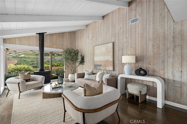 1606 Reef View Cir, Corona Del Mar, CA 92625 - living room featuring a wood stove, wood walls, and hardwood / wood-style flooring