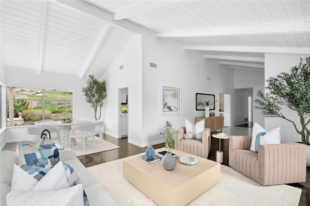 1606 Reef View Cir, Corona Del Mar, CA 92625 - living area with wood finished floors, high vaulted ceiling, and a wooden ceiling with exposed beams