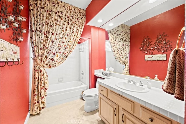 31148 Kahwea Rd, Temecula, CA 92591 - full bath featuring tile patterned flooring, vanity, and shower / tub combo with curtain