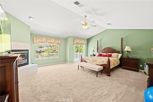 31148 Kahwea Rd, Temecula, CA 92591 - carpeted bedroom with lofted ceiling, access to outside, a fireplace, and a ceiling fan