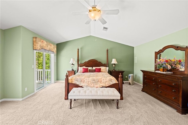 31148 Kahwea Rd, Temecula, CA 92591 - bedroom featuring access to exterior, light colored carpet, vaulted ceiling, and a ceiling fan