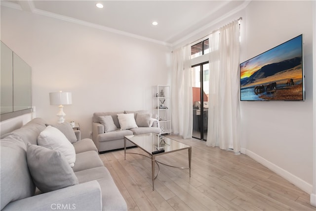13632 Valerio St Unit 2, Van Nuys, CA 91405 - living room featuring light wood-style flooring, crown molding, and recessed lighting
