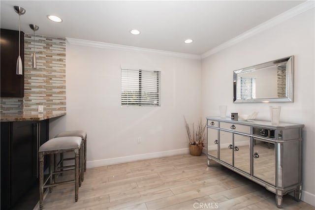 13632 Valerio St Unit 2, Van Nuys, CA 91405 - living area featuring light wood-style floors, ornamental molding, and recessed lighting