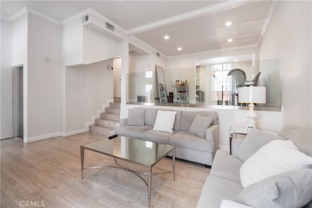 13632 Valerio St Unit 2, Van Nuys, CA 91405 - living area featuring ornamental molding, stairs, light wood-style flooring, and recessed lighting