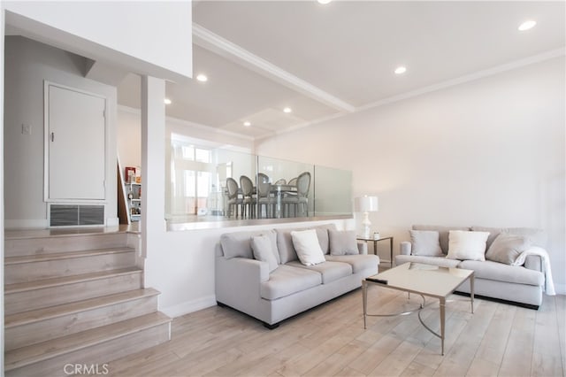 13632 Valerio St Unit 2, Van Nuys, CA 91405 - living room featuring ornamental molding, wood finished floors, stairway, and recessed lighting