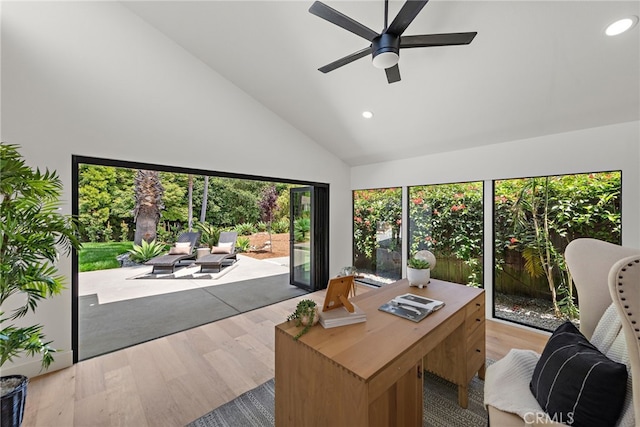 31842 Paseo Cielo, San Juan Capistrano, CA 92675 - office space featuring high vaulted ceiling, recessed lighting, light wood-type flooring, and a ceiling fan