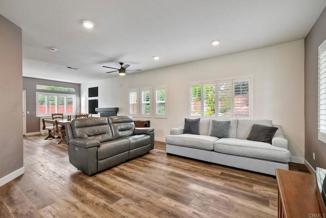339 Diamante Way, Oceanside, CA 92056 - living area featuring a ceiling fan, wood finished floors, plenty of natural light, and recessed lighting
